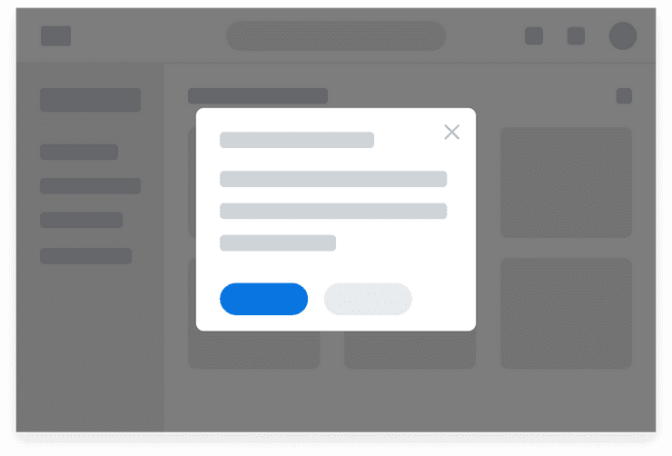 Low-fidelity illustration of an Alert Modal, a variation of a Modal component, centered above a dark overlay on a page. The Alert Modal contains a title, three lines of text, two action buttons, and a close button.