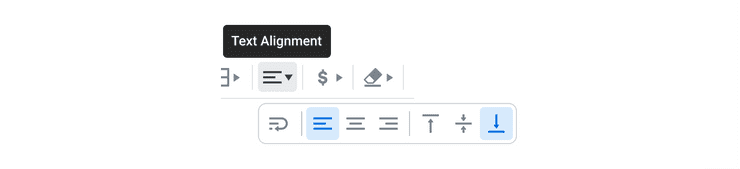 Image of a toolbar with a Tooltip above an active Icon Button that reads “Text Alignment”. An overflow menu appears below the active Button with groups of actions relating to text wrapping, text positioning, and text alignment.
