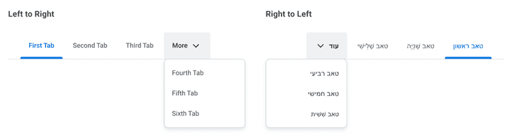 Image depicts Tabs order that is mirrored for Hebrew, a language that reads right to left. Text within the Tabs overflow Menu is also mirrored.