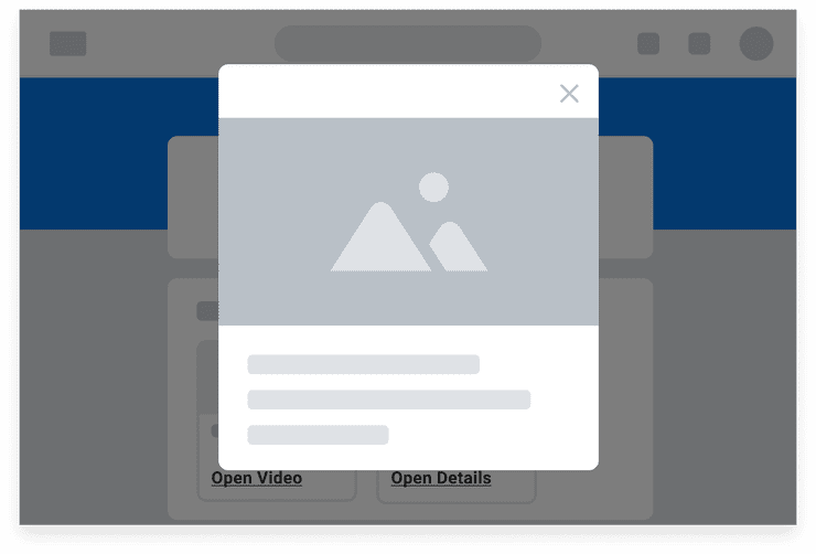 Low-fidelity image of a Modal component. The user has activated “Open Details” and a Modal with the full text appears.