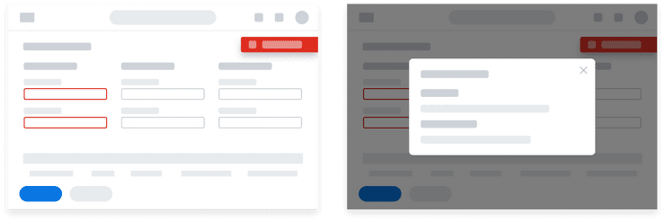 Two low-fidelity illustrations of a web page. The first illustration depicts an Error Banner at the top of the page and two input fields highlighted with a red border. The second image shows a Modal component over the same page with lines of text.