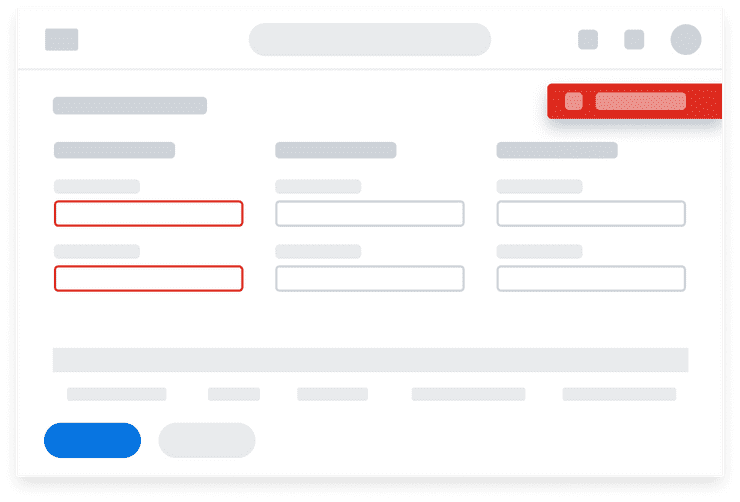 Low-fidelity illustration of a web page with several input fields. An Error Banner is at the top of the page and two input fields are highlighted with a red border.