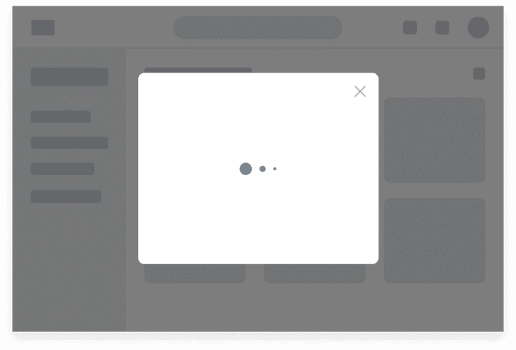 Low-fidelity illustration of a web page with an overlay. A Modal component sits above the overlay with the Loading Dots animation centered within it.